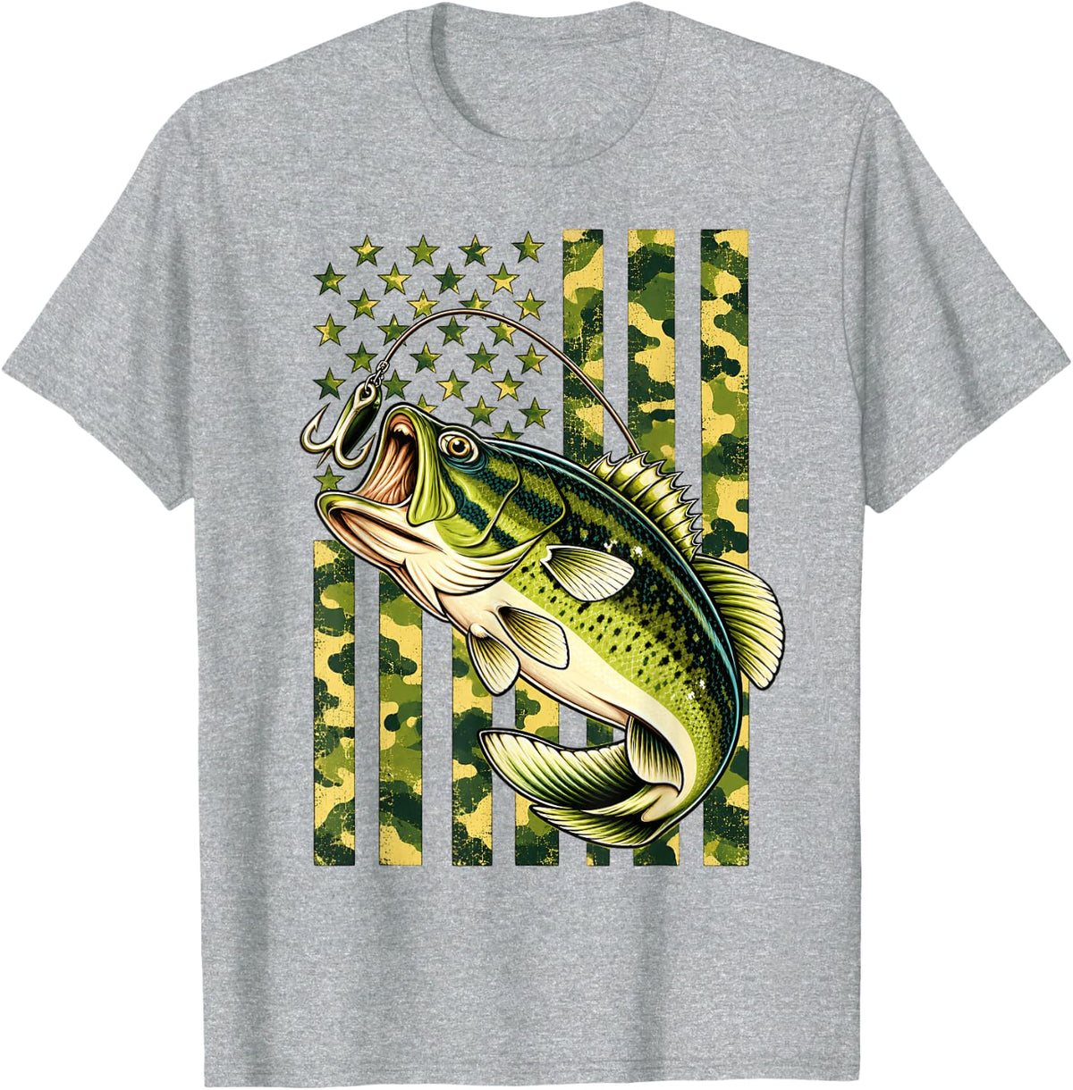 Fishing Camouflage US American Flag Bass Fish Fisherman Camo T-Shirt - Heather Grey