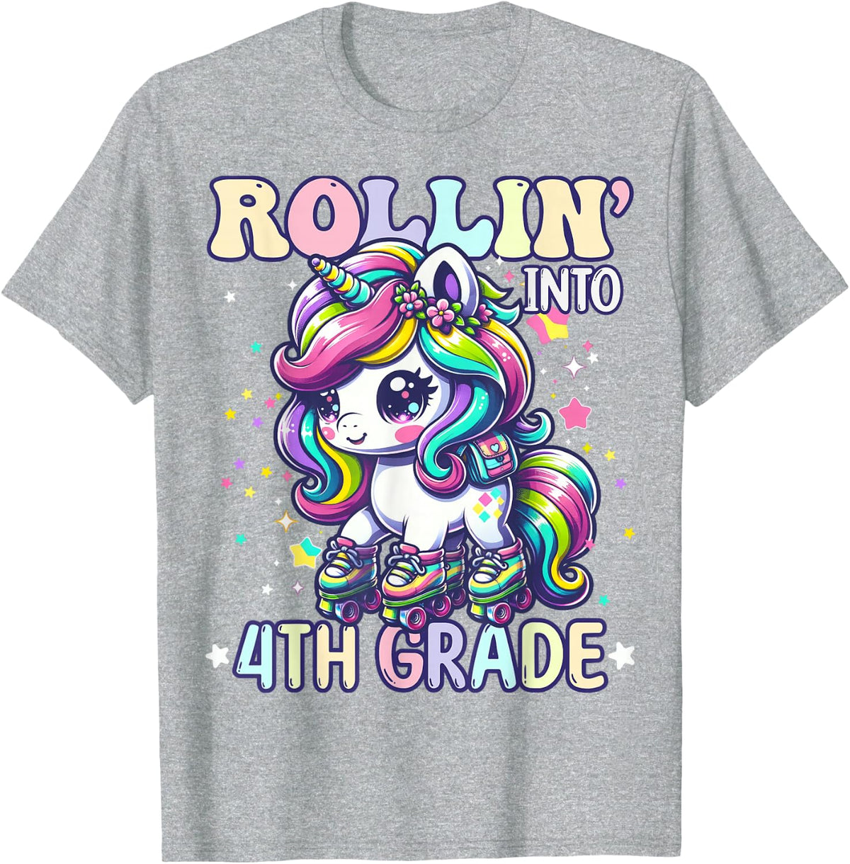 First Day of 4th Grade Shirt Girls Rollin into Fourth Grade Unicorn Back to School Tees T Shirts - Heather Grey