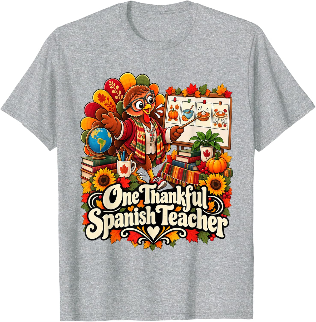 One Thankful Spanish Teacher Thanksgiving Turkey T-Shirt - Heather Grey