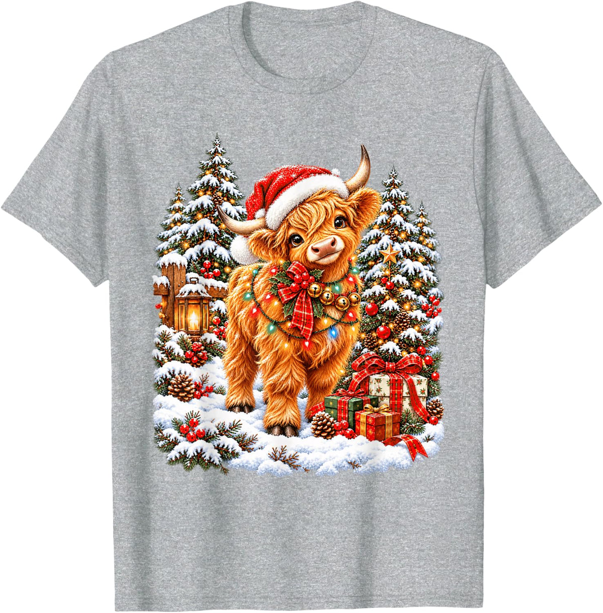 Playful Highland Cow Holiday Santa Snow Scene T-Shirt - Heather Grey