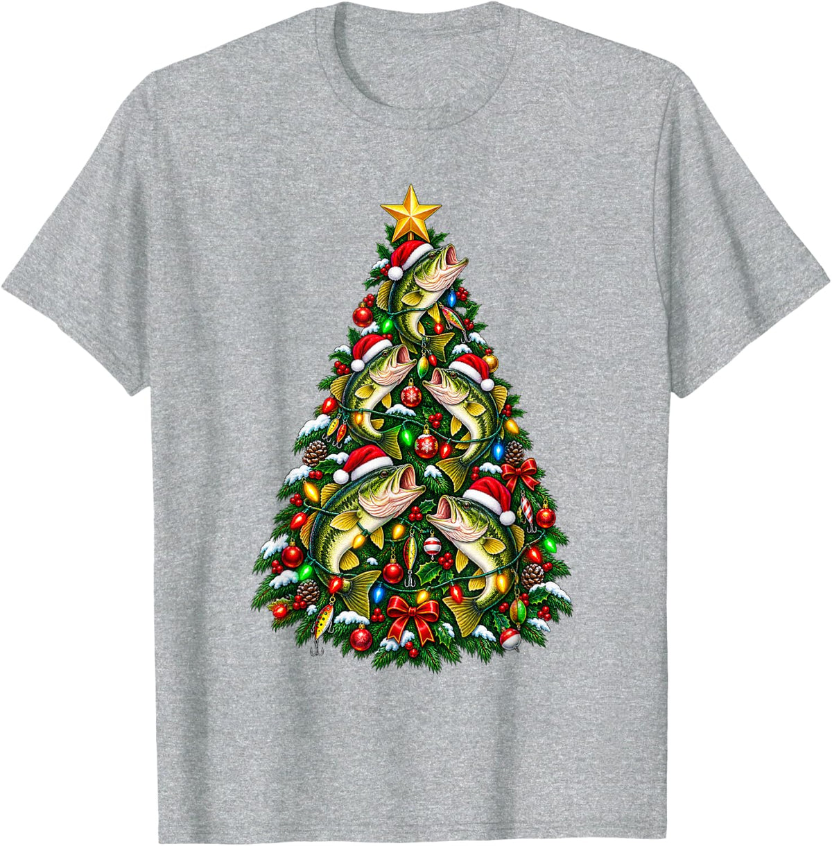 Christmas Fishing Tree Bass Santa Hat Lights Fisherman Xmas T-Shirt - Heather Grey
