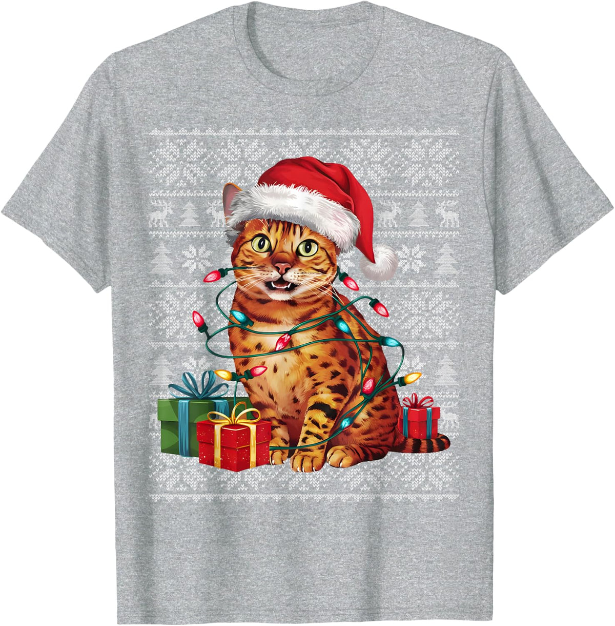 Xmas Sweater Style Ugly Santa Hat Bengal Cat Christmas T-Shirt for Men Women Kids - Heather Grey