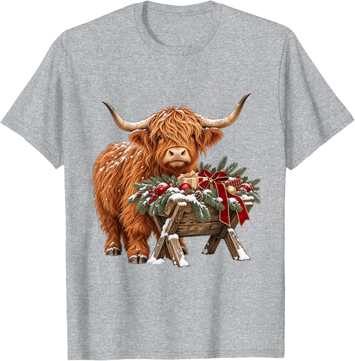 Highland Cow Christmas Cute Scottish Cow Holiday T-Shirt - Heather Grey