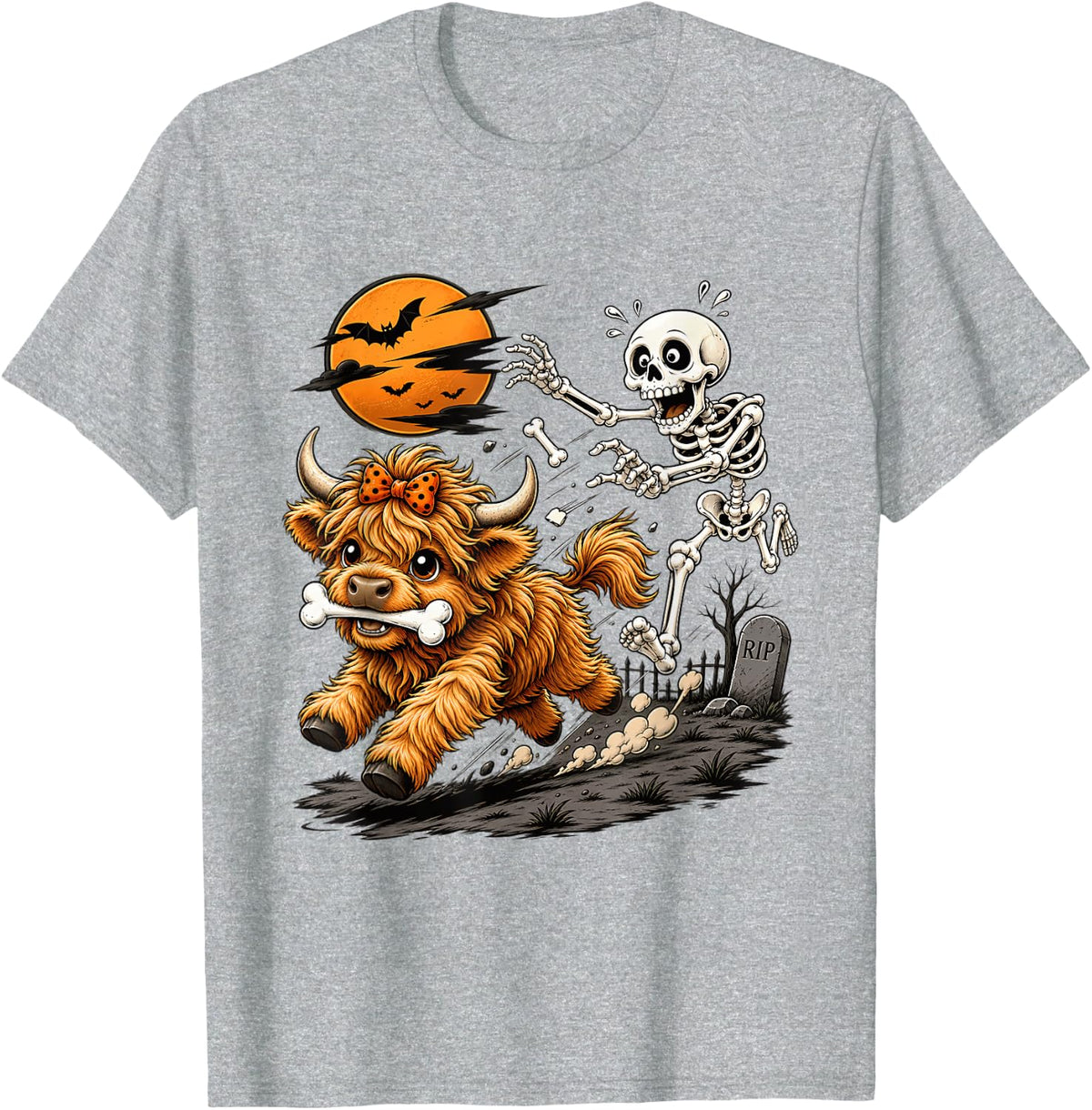 Cute Highland Cow Skeleton Funny Halloween Animal Lovers T-Shirt - Heather Grey