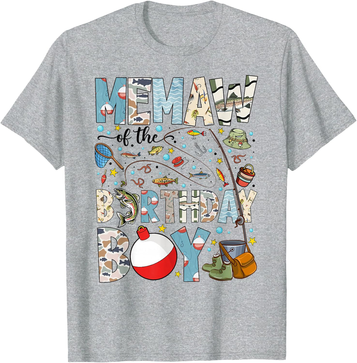 Memaw of The Birthday Boy Bass Fishing Family T-Shirt - Heather Grey