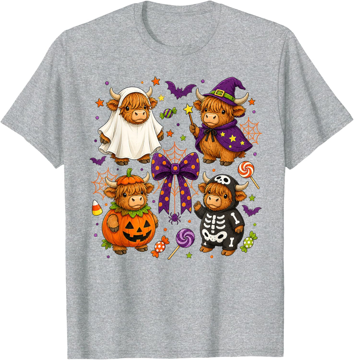 Funny Cozy Highland Cow Autumn Fall Spooky Season Halloween T-Shirt - Heather Grey
