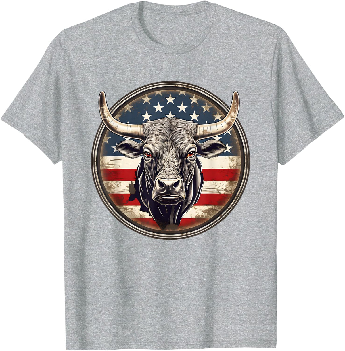 Vintage Bull Patriotic American Flag Rodeo Cowboy Tee T-Shirt For Men Women - Heather Grey