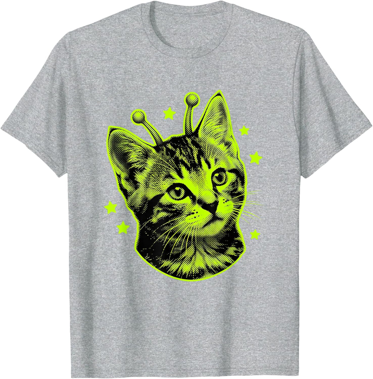 Funny Alien Cat Space Kitten Sci Fi Halftone Stars T-Shirt - Heather Grey