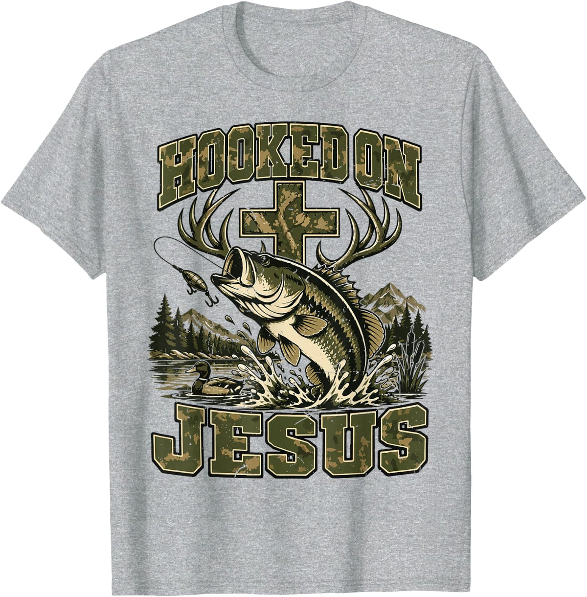 Youth Christian Fishing Hooked On Jesus Fishing Camo Bass T-Shirt - Heather Grey