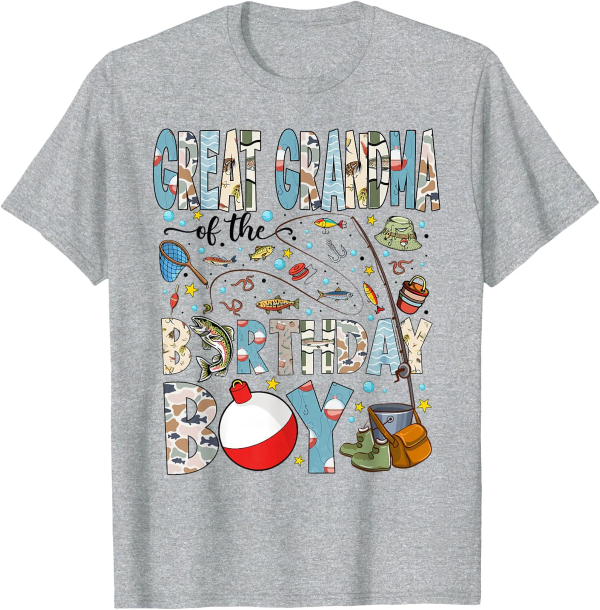 Great Grandma of The Birthday Boy Bass Fishing Family T-Shirt - Heather Grey