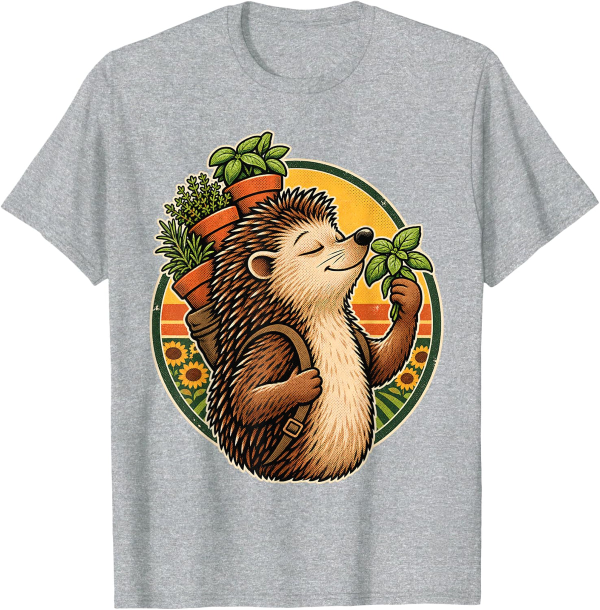 Gardening Hedgehog with Herb Pots T-Shirt - Heather Grey