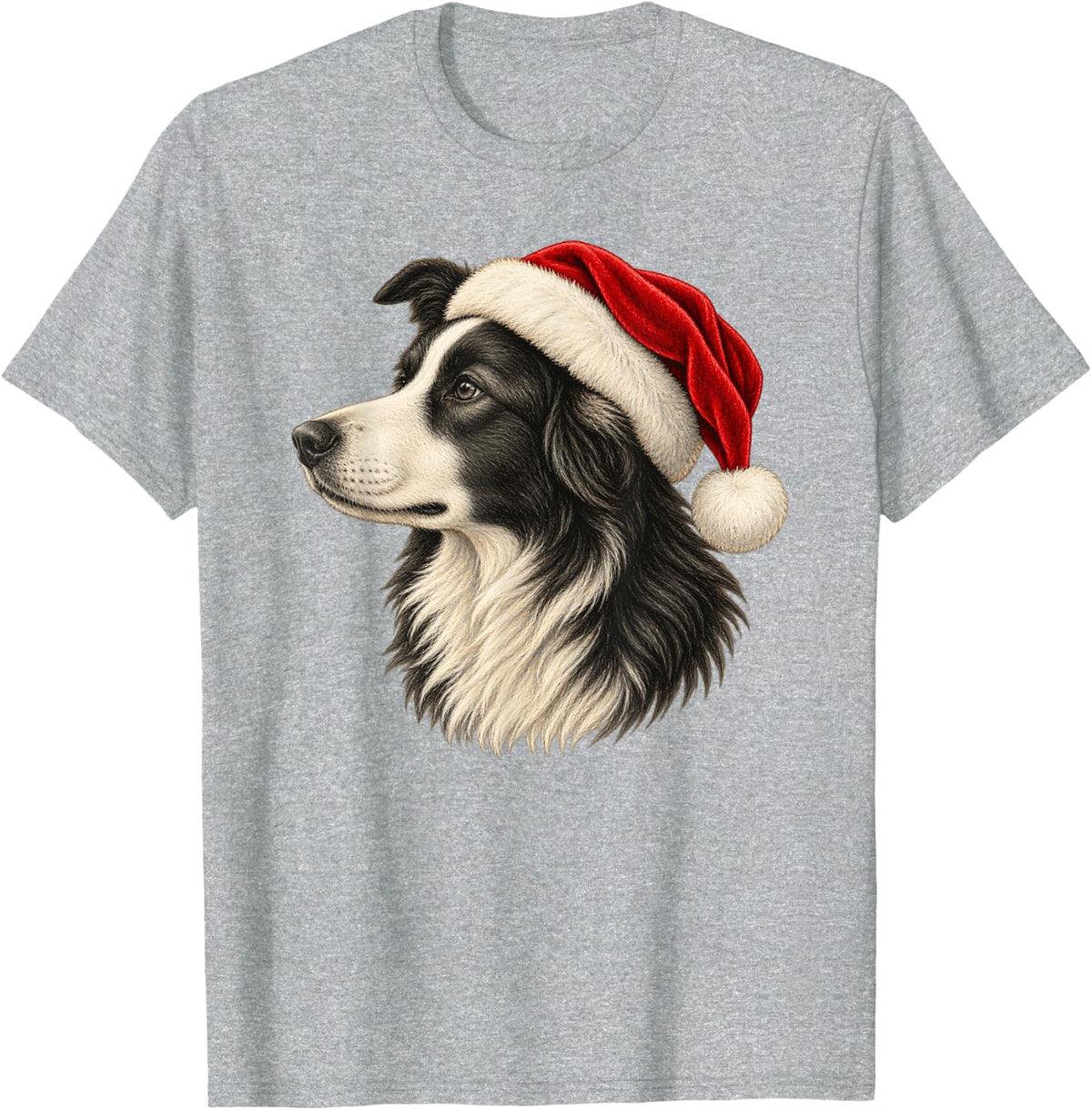 Christmas Border Collie Santa Hat Dog Portrait T-Shirt - Heather Grey