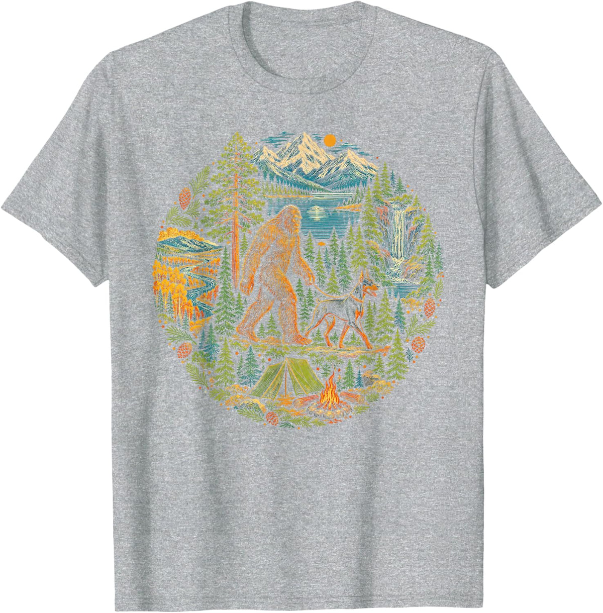 Bigfoot Doberman Pinscher Camping T-Shirt - Heather Grey
