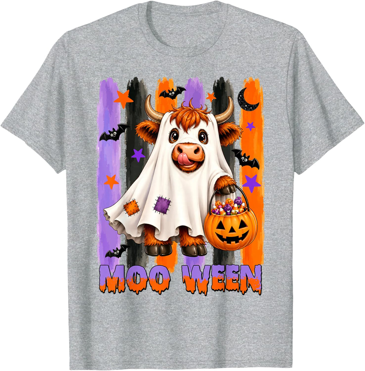 Funny Ghost Costume Highland Cow Lover Moo Ween Halloween T-Shirt - Heather Grey