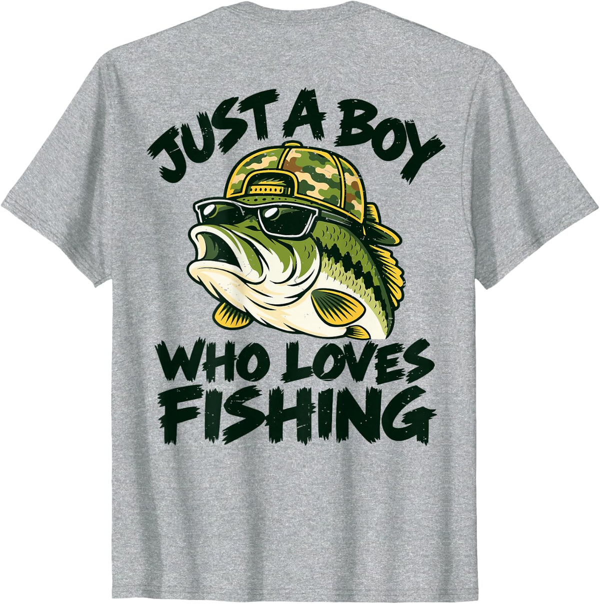 Youth Camo Bass Fishing Just Boy Who Loves Fishing Kid Funny T-Shirt - Heather Grey