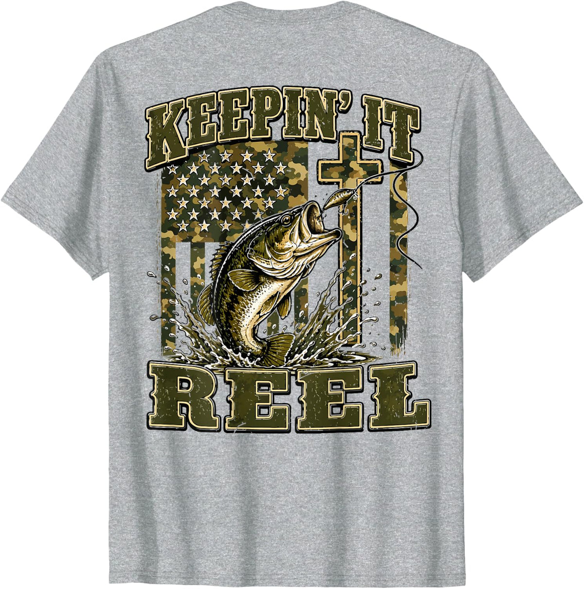 Youth Boys Camo Bass Fishing American Flag Keeping It Reel T-Shirt - Heather Grey